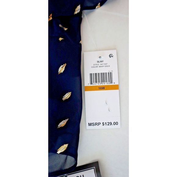 SLNY Women's Sz 16W Navy Gold Printed Flutter Knee Length Shift Party Dress $129 - Picture 6 of 13